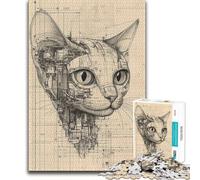 Puzzles for Adults 1000 Piece Cybernetic Cat Portrait Blueprint Cyborg Toy Intellectual Game Analysis And Logic Gift Birthday (50x75cm)