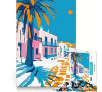 Puzzles for Adults 1000 Piece Greece Mykonos Summer Art Neat Edge Decor Mental Challenge Toy Chill Time Play Christmas Art Gift (38x52cm)
