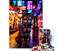 Puzzles for Adults 1000 Piece Neon Cat in City Alley Teenager Puzzles Relaxing Games Staycation Kill Time Challenging Game Gifts (Size 50x75cm)