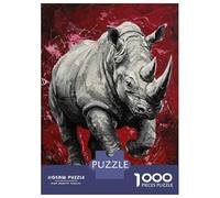 Puzzles for Adults 1000 Piece Rhino Painting on Red Background Teenager Puzzles Brain Teaser Game Home Decoration Fun at Home Activities, 38x26cm/1000pcs