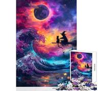 Puzzles for Adults 1000 Piece Witch And Cat on A Wave Practical Game Stress Reliever Home Decoration Toys Fun Activities at Home (38x26cm)