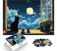 puzzles for adults 1000 pieces Anime Black Cat in Front of Window, Familienspaß Verbessern Sie das Gedächtnis52x38cm