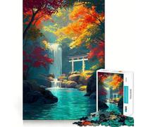 Puzzles for Adults 1000 Pieces Autumn Waterfall with Torii Gate Tight Fit Play Logic Fun Toy Easy Play Game Xmas Art Gift (38x26cm)