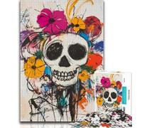 Puzzles for Adults 1000 Pieces Basquiat-style Flowers And Skulls 1000 Piece Jigsaw,Staycation Kill Time with Matching Poster And Trivia Sheet 26x38cm