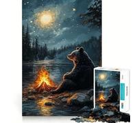 Puzzles for Adults 1000 Pieces Bear by Campfire Under Starry Night Fine Cut Design Mind Training Fun Slow Time Fun Birthday Art Play (38x26cm)