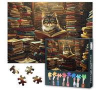 Puzzles for Adults 1000 Pieces Bespectacled Feline, Old-fashioned Library Jigsaw Puzzle, Stacked Books Jigsaw Puzzles, Challenging Game Home Decor Birthday Party Gift Toy for Adults Seniors 20X27 INCH