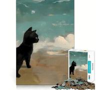 Puzzles for Adults 1000 Pieces Black Cat by The Sea Fine Cut Design Mind Training Fun Slow Time Fun Birthday Art Play (50x75cm)