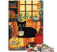 Puzzles for Adults 1000 Pieces Black Cat Drinking Coffee Difficult And Challenge with Matching Poster And Trivia Sheet for Age 14 26x38cm