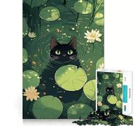 Puzzles for Adults 1000 Pieces Black Cat in A Lily Pond Exact Edge Art Creative Skill Toy Cozy Time Game Christmas Art Piece (38x52cm)