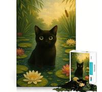 Puzzles for Adults 1000 Pieces Black Cat in A Lily Pond Exact Edge Art Creative Skill Toy Cozy Time Game Christmas Art Piece (50x75cm)