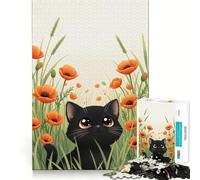 Puzzles for Adults 1000 Pieces Black Cat in Poppy Field Illustration Fine Cut Art, Smart Challenge Fun, Quiet Time Game, Birthday Hobby Gift (50x75cm)
