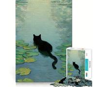 Puzzles for Adults 1000 Pieces Black Cat in Water Lilies Pond Tight Cut Fun, Smart Brain Activity, Leisure Fun Time, Birthday Hobby Gift (38x26cm)