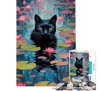 Puzzles for Adults 1000 Pieces Black Cat in Waterlilies Learning Educational Toys Brain Teaser Game for The Whole for Women Men (Size 38x52cm)