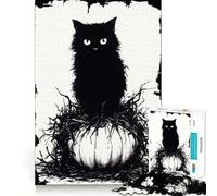 Puzzles for Adults 1000 Pieces Black Cat on Pumpkin during Halloween Tight Cut Fun, Smart Brain Activity, Leisure Fun Time, Birthday Hobby Gift (38x52cm)