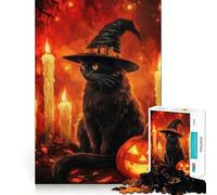 Puzzles for Adults 1000 Pieces Black Cat Witch Halloween Tight Cut Fun, Smart Brain Activity, Leisure Fun Time, Birthday Hobby Gift (50x75cm)