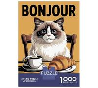 Puzzles for Adults 1000 Pieces Bonjour Mon Amour Cat with Coffee And Croissant Adult Jigsaw Puzzle Fun Games But Fun And Humorous Christmas Birthday Gifts 52x38cm/1000pcs