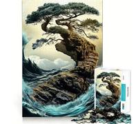 Puzzles for Adults 1000 Pieces Bonsai Tree on A Cliff with Waves Fine Cut Art, Smart Challenge Fun, Quiet Time Game, Birthday Hobby Gift (38x26cm)