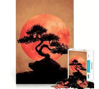 Puzzles for Adults 1000 Pieces Bonsai Tree Silhouette with Red Moon Fine Cut Art, Smart Challenge Fun, Quiet Time Game, Birthday Hobby Gift (50x75cm)