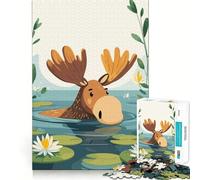 Puzzles for Adults 1000 Pieces Cartoon Moose Swimming in A Pond Exact Edge Art Creative Skill Toy Cozy Time Game Christmas Art Piece (38x26cm)