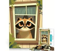 Puzzles for Adults 1000 Pieces Cartoon Raccoon Looking Through Window Exact Edge Art Creative Skill Toy Cozy Time Game Christmas Art Piece (38x52cm)