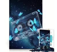 Puzzles for Adults 1000 Pieces Cassette Tape with Blue Butterflies Exact Edge Art Creative Skill Toy Cozy Time Game Christmas Art Piece (38x26cm)