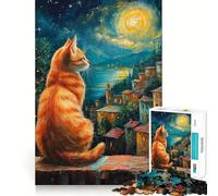 Puzzles for Adults 1000 Pieces Cat Gazing at A Moonlit Village Exact Edge Art Creative Skill Toy Cozy Time Game Christmas Art Piece (50x75cm)