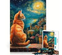 Puzzles for Adults 1000 Pieces Cat Gazing at A Moonlit Village Exact Edge Art Creative Skill Toy Cozy Time Game Christmas Art Piece (38x26cm)