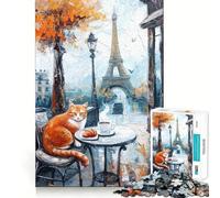 Puzzles for Adults 1000 Pieces Cat in Paris Cafe Painting Exact Edge Art Creative Skill Toy Cozy Time Game Christmas Art Piece (38x26cm)