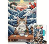 Puzzles for Adults 1000 Pieces Cat Ramen Japanese Spirits Clean Cut Piece Brain Skill Play Free Time Game Christmas Art Piece (50x75cm)