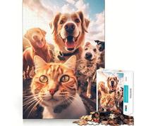 Puzzles for Adults 1000 Pieces Cat Selfie with Dogs Clean Cut Piece Brain Skill Play Free Time Game Christmas Art Piece (50x75cm)
