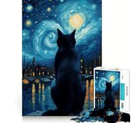 Puzzles for Adults 1000 Pieces Cat Starry Night Clean Cut Piece Brain Skill Play Free Time Game Christmas Art Piece (38x26cm)