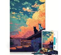 Puzzles for Adults 1000 Pieces Cats on Rooftop at Sunset Clean Cut Piece Brain Skill Play Free Time Game Christmas Art Piece (38x26cm)