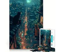 Puzzles for Adults 1000 Pieces Cats on Rooftop, Night City Clean Cut Piece Brain Skill Play Free Time Game Christmas Art Piece (50x75cm)