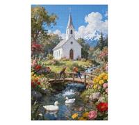 Puzzles for Adults 1000 Pieces,Charming Lakeside Church Puzzle for Adults,Beautiful Flower & Parrot Jigsaw Puzzles for Women Seniors Teens,Puzzles for Family Game Nights & Holiday Party Gifts,30x20 in