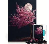 Puzzles for Adults 1000 Pieces Cherry Blossom Tree Under Moonlight Clean Cut Piece Brain Skill Play Free Time Game Christmas Art Piece (38x52cm)