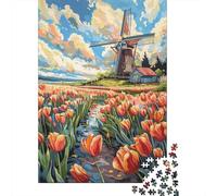 Puzzles for Adults 1000 Pieces Dutch Windmill Tulip Field-3 Jigsaw for Adults Brain Teaser Game Wall Decoration Christmas Birthday Gifts 38x26cm/1000pcs