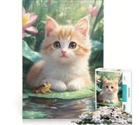 Puzzles for Adults 1000 Pieces Kitten And Frog on Lily Pad Turkish Van Educational Toy Staycation Kill Time Birthday Present Gifts 38x26cm