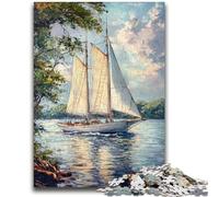 Puzzles for Adults 1000 Pieces Large Saillboat on The River Difficult And Challenge with Matching Poster And Trivia Sheet for Age 14 26x38cm