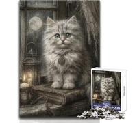 Puzzles for Adults 1000 Pieces Mystical White Cat with Full Moon Tough Challenge Hands-on Game for And from 14 Years And over (size 38x26cm)