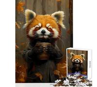 Puzzles for Adults 1000 Pieces Red Panda Drinking Coffee Jigsaw for Teenagers Stress Reliever Educational Challenge Challenging Game Toys (50x75cm)