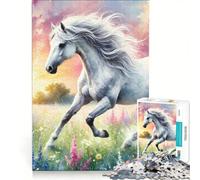 Puzzles for Adults 1000 Pieces White Horse Running Through Field Brain Teaser Game Difficult Hard Deal As Gifts for The Whole Family 50x75cm