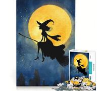 Puzzles for Adults 1000 Pieces Witch Silhouette Flying on Broomstick Brain Teaser Game Difficult Hard Deal As Gifts for The Whole Family 38x26cm