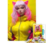 Puzzles for Adults 1000 Pieces Yellow Neon Anime Girl Cat Impossible Game for Educational Game Challenge Toy Gifts Birthday Improve Memory (Size 38x26cm)