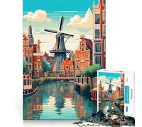 Puzzles for Adults 1000 Puzzles Amsterdam Windmill Travel Clean Edge Game Logic Puzzle Play Slow Play Fun Xmas Scene Art (50x75cm)