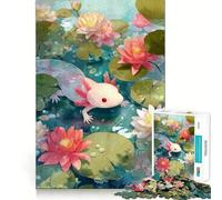 Puzzles for Adults 1000 Puzzles Axolotl in A Lily Pond Exact Cut Art Focus Fun Game Relax Time Game Christmas Wall Decor (38x52cm)