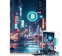 Puzzles for Adults 1000 Puzzles Bitcoin Neon Sign Cityscape Precise Cut Art Creative Game Toy Relax Play Time Xmas Scene Art (38x26cm)