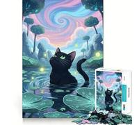 Puzzles for Adults 1000 Puzzles Black Cat in Magical Lily Pond Tight Cut Fun, Focus Building Toy, Leisure Fun Time, Birthday Art Play (38x26cm)