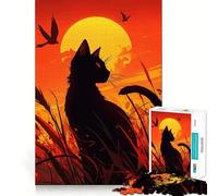 Puzzles for Adults 1000 Puzzles Black Cat Silhouette at Sunset Tight Cut Fun, Focus Building Toy, Leisure Fun Time, Birthday Art Play (50x75cm)