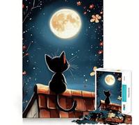 Puzzles for Adults 1000 Puzzles Black Cat Under Full Moon Tight Cut Fun, Focus Building Toy, Leisure Fun Time, Birthday Art Play (38x26cm)