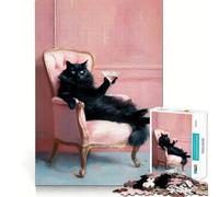 Puzzles for Adults 1000 Puzzles Black Cat with Martini in Pink Chair Tight Cut Fun, Focus Building Toy, Leisure Fun Time, Birthday Art Play (50x75cm)